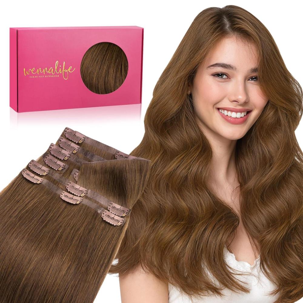 imageWENNALIFE Invisi Edge Clip in Hair Extensions Real Human Hair 18 Inch 130g 7pcs Ombre Walnut Brown to Ash Brown and Bleach Blonde Seamless Clip in Extensions Remy Hair Clip Ins Invisible PU Skin WeftI5R Light Auburn Brown