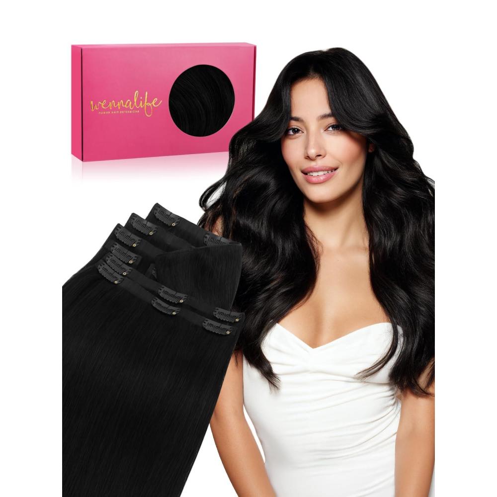 imageWENNALIFE Invisi Edge Clip in Hair Extensions Real Human Hair 18 Inch 130g 7pcs Ombre Walnut Brown to Ash Brown and Bleach Blonde Seamless Clip in Extensions Remy Hair Clip Ins Invisible PU Skin WeftG1 Jet Black