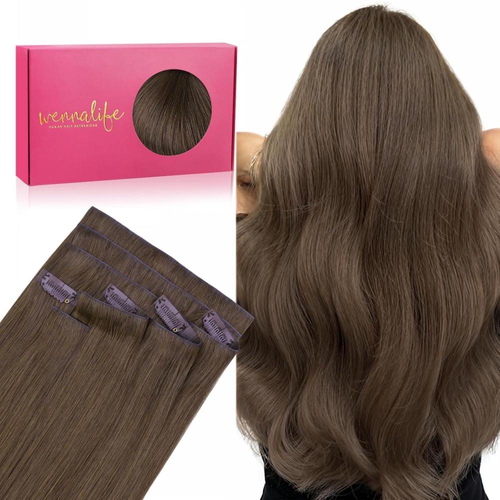 imageWENNALIFE Invisi Edge Clip in Hair Extensions Real Human Hair 18 Inch 130g 7pcs Ombre Walnut Brown to Ash Brown and Bleach Blonde Seamless Clip in Extensions Remy Hair Clip Ins Invisible PU Skin WeftI5 Muted Light Brown Brunette