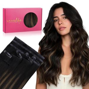 WENNALIFE Invisi Edge Clip in Hair Extensions Real Human Hair, 18 Inch 130g 7pcs Ombre Walnut Brown to Ash Brown and Bleach Blonde Seamless Clip in Extensions Remy Hair Clip Ins Invisible PU Skin Weft(I-#1B/6/1B Balayage Natural Black to Chestnut Brown)