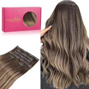 WENNALIFE Invisi Edge Clip in Hair Extensions Real Human Hair, 18 Inch 130g 7pcs Ombre Walnut Brown to Ash Brown and Bleach Blonde Seamless Clip in Extensions Remy Hair Clip Ins Invisible PU Skin Weft(L-#4/26/4 Balayage Chocolate Brown to Honey Blonde)