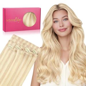 WENNALIFE Invisi Edge Clip in Hair Extensions Real Human Hair, 18 Inch 130g 7pcs Ombre Walnut Brown to Ash Brown and Bleach Blonde Seamless Clip in Extensions Remy Hair Clip Ins Invisible PU Skin Weft(I-#18F/60A Balayage Light Wheat Platinum Blonde)