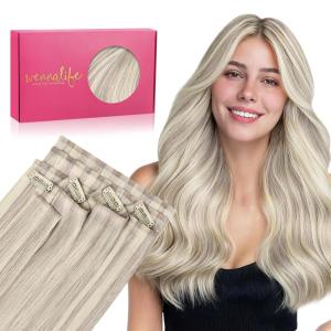 WENNALIFE Invisi Edge Clip in Hair Extensions Real Human Hair, 18 Inch 130g 7pcs Ombre Walnut Brown to Ash Brown and Bleach Blonde Seamless Clip in Extensions Remy Hair Clip Ins Invisible PU Skin Weft(I-#17A/60A Ash Blonde Highlighted Platinum Blonde)