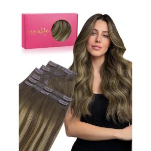 WENNALIFE Invisi Edge Clip in Hair Extensions Real Human Hair, 18 Inch 130g 7pcs Ombre Walnut Brown to Ash Brown and Bleach Blonde Seamless Clip in Extensions Remy Hair Clip Ins Invisible PU Skin Weft(G-#4/27/4 Balayage Chocolate Brown to Caramel Blonde)
