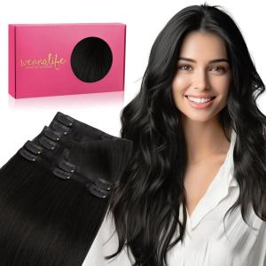 WENNALIFE Invisi Edge Clip in Hair Extensions Real Human Hair, 18 Inch 130g 7pcs Ombre Walnut Brown to Ash Brown and Bleach Blonde Seamless Clip in Extensions Remy Hair Clip Ins Invisible PU Skin Weft(I-#1B Natural Black)