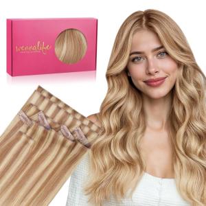 WENNALIFE Invisi Edge Clip in Hair Extensions Real Human Hair, 18 Inch 130g 7pcs Ombre Walnut Brown to Ash Brown and Bleach Blonde Seamless Clip in Extensions Remy Hair Clip Ins Invisible PU Skin Weft(I-#12A/18H Ash Beige Blonde Blend)