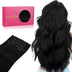 WENNALIFE Invisi Edge Clip in Hair Extensions Real Human Hair, 18 Inch 130g 7pcs Ombre Walnut Brown to Ash Brown and Bleach Blonde Seamless Clip in Extensions Remy Hair Clip Ins Invisible PU Skin Weft(L-#1 Jet Black)