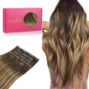 WENNALIFE Invisi Edge Clip in Hair Extensions Real Human Hair, 18 Inch 130g 7pcs Ombre Walnut Brown to Ash Brown and Bleach Blonde Seamless Clip in Extensions Remy Hair Clip Ins Invisible PU Skin Weft(L-#4/27/4 Balayage Chocolate Brown to Caramel Blonde)