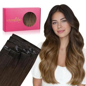 WENNALIFE Invisi Edge Clip in Hair Extensions Real Human Hair, 18 Inch 130g 7pcs Ombre Walnut Brown to Ash Brown and Bleach Blonde Seamless Clip in Extensions Remy Hair Clip Ins Invisible PU Skin Weft(I-#1/2/4 Ombre Dark Brown to Light Chestnut Brown)