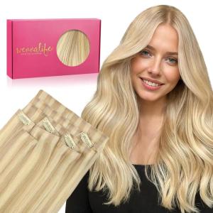 WENNALIFE Invisi Edge Clip in Hair Extensions Real Human Hair, 18 Inch 130g 7pcs Ombre Walnut Brown to Ash Brown and Bleach Blonde Seamless Clip in Extensions Remy Hair Clip Ins Invisible PU Skin Weft(I-#16/22 Light Blonde Highlighted Golden Blonde)