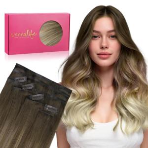 WENNALIFE Invisi Edge Clip in Hair Extensions Real Human Hair, 18 Inch 130g 7pcs Ombre Walnut Brown to Ash Brown and Bleach Blonde Seamless Clip in Extensions Remy Hair Clip Ins Invisible PU Skin Weft(I-#3/8/613 Ombre Walnut Brown to Ash Brown and Bleach Blonde)