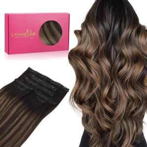 WENNALIFE Invisi Edge Clip in Hair Extensions Real Human Hair, 18 Inch 130g 7pcs Ombre Walnut Brown to Ash Brown and Bleach Blonde Seamless Clip in Extensions Remy Hair Clip Ins Invisible PU Skin Weft(L-#2/6/2 Balayage Dark Brown Mixed Chestnut Brown)