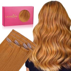 WENNALIFE Invisi Edge Clip in Hair Extensions Real Human Hair, 18 Inch 130g 7pcs Ombre Walnut Brown to Ash Brown and Bleach Blonde Seamless Clip in Extensions Remy Hair Clip Ins Invisible PU Skin Weft(I-#30 Auburn Ginger)