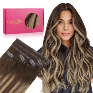WENNALIFE Invisi Edge Clip in Hair Extensions Real Human Hair, 18 Inch 130g 7pcs Ombre Walnut Brown to Ash Brown and Bleach Blonde Seamless Clip in Extensions Remy Hair Clip Ins Invisible PU Skin Weft(I-#4/27/4 Balayage Chocolate Brown to Caramel Blonde)