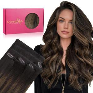 WENNALIFE Invisi Edge Clip in Hair Extensions Real Human Hair, 18 Inch 130g 7pcs Ombre Walnut Brown to Ash Brown and Bleach Blonde Seamless Clip in Extensions Remy Hair Clip Ins Invisible PU Skin Weft(I-#2/6/2 Balayage Dark Brown Mixed Chestnut Brown)