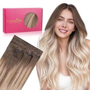 WENNALIFE Invisi Edge Clip in Hair Extensions Real Human Hair, 18 Inch 130g 7pcs Ombre Walnut Brown to Ash Brown and Bleach Blonde Seamless Clip in Extensions Remy Hair Clip Ins Invisible PU Skin Weft(I-#9/18/60 Balayage Sandy Brown to Platinum Blonde)