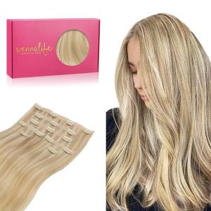WENNALIFE Invisi Edge Clip in Hair Extensions Real Human Hair, 18 Inch 130g 7pcs Ombre Walnut Brown to Ash Brown and Bleach Blonde Seamless Clip in Extensions Remy Hair Clip Ins Invisible PU Skin Weft(L-#16/22 Light Blonde Highlighted Golden Blonde)