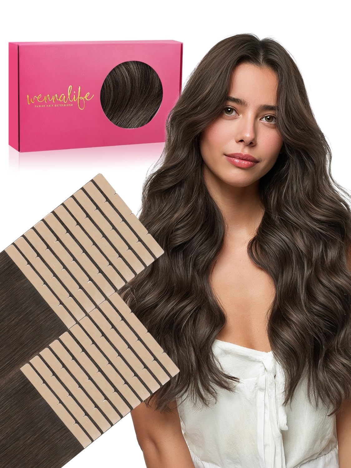 imageWENNALIFE Genius Seamless Tape in Hair Extensions Real Human Hair 18 inch 50g 20pcs Light Ash Brown Tape in Hair Extensions Remy Human Hair Luxury Invisible Straight Hand Tied Inspired Edge Tape ins8cm1C Cool Dark Brown