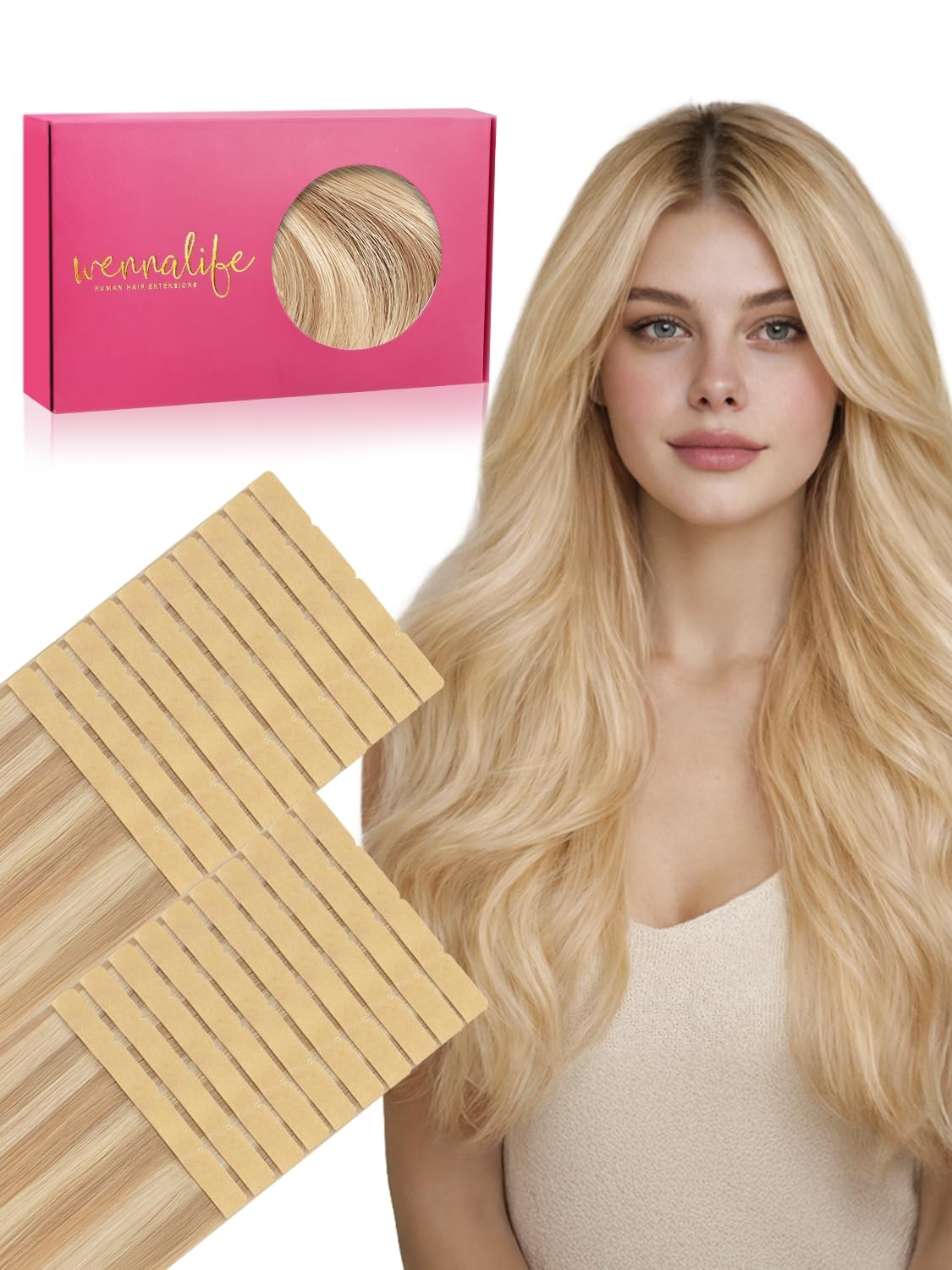 imageWENNALIFE Genius Seamless Tape in Hair Extensions Real Human Hair 18 inch 50g 20pcs Light Ash Brown Tape in Hair Extensions Remy Human Hair Luxury Invisible Straight Hand Tied Inspired Edge Tape ins8cm18A613A Dirty Blonde Highlighted Bleach Blonde