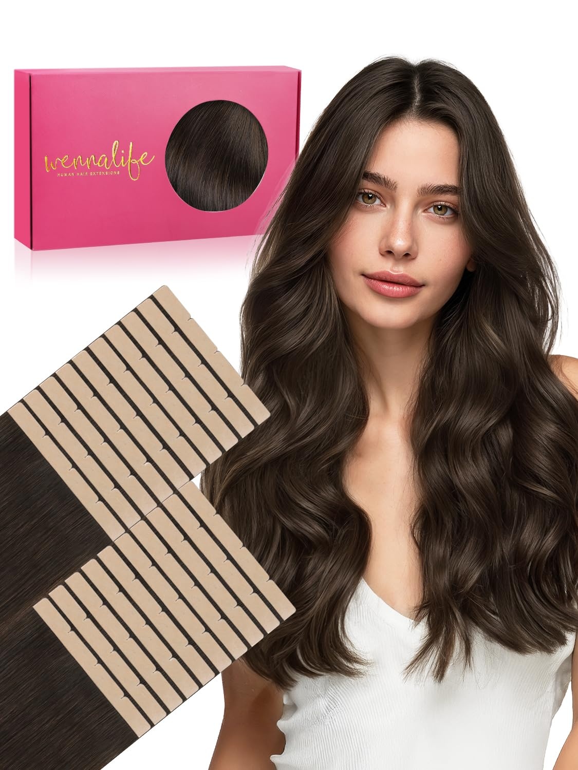 imageWENNALIFE Genius Seamless Tape in Hair Extensions Real Human Hair 18 inch 50g 20pcs Light Ash Brown Tape in Hair Extensions Remy Human Hair Luxury Invisible Straight Hand Tied Inspired Edge Tape ins8cm2A Light Dark Brown