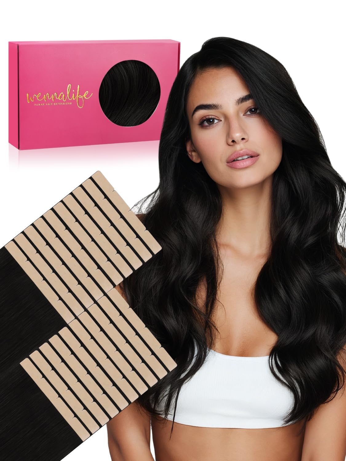 imageWENNALIFE Genius Seamless Tape in Hair Extensions Real Human Hair 18 inch 50g 20pcs Light Ash Brown Tape in Hair Extensions Remy Human Hair Luxury Invisible Straight Hand Tied Inspired Edge Tape ins8cm1 Jet Black