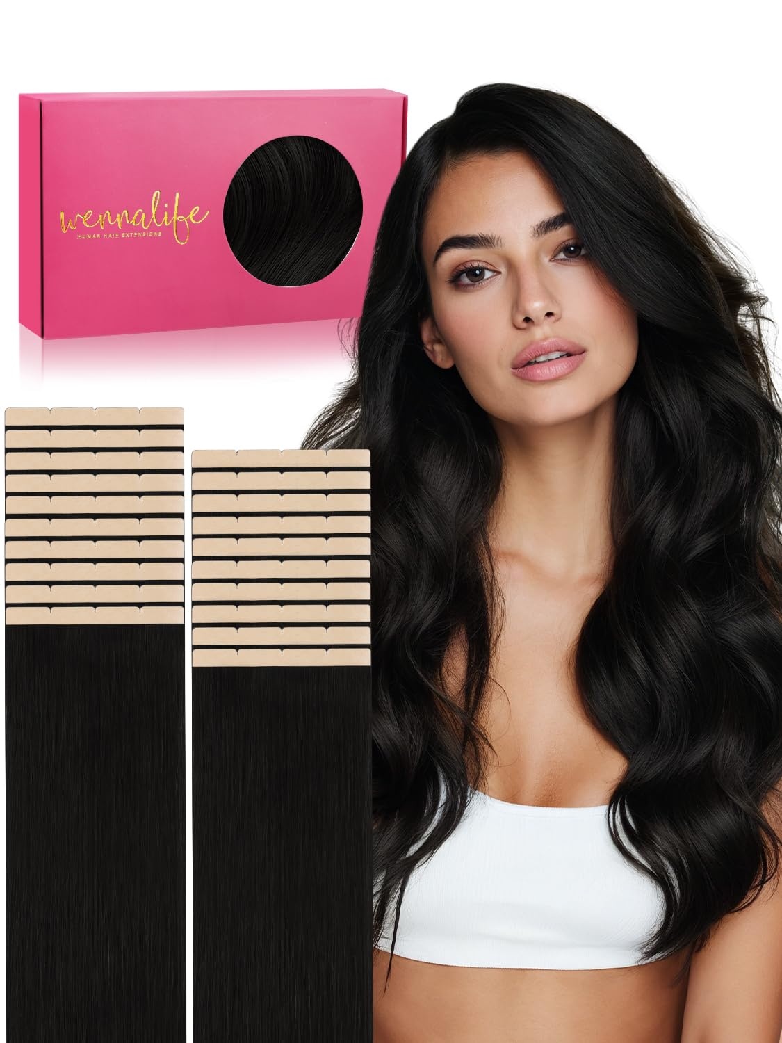 imageWENNALIFE Genius Seamless Tape in Hair Extensions Real Human Hair 18 inch 50g 20pcs Light Ash Brown Tape in Hair Extensions Remy Human Hair Luxury Invisible Straight Hand Tied Inspired Edge Tape ins8cm1 Jet Black