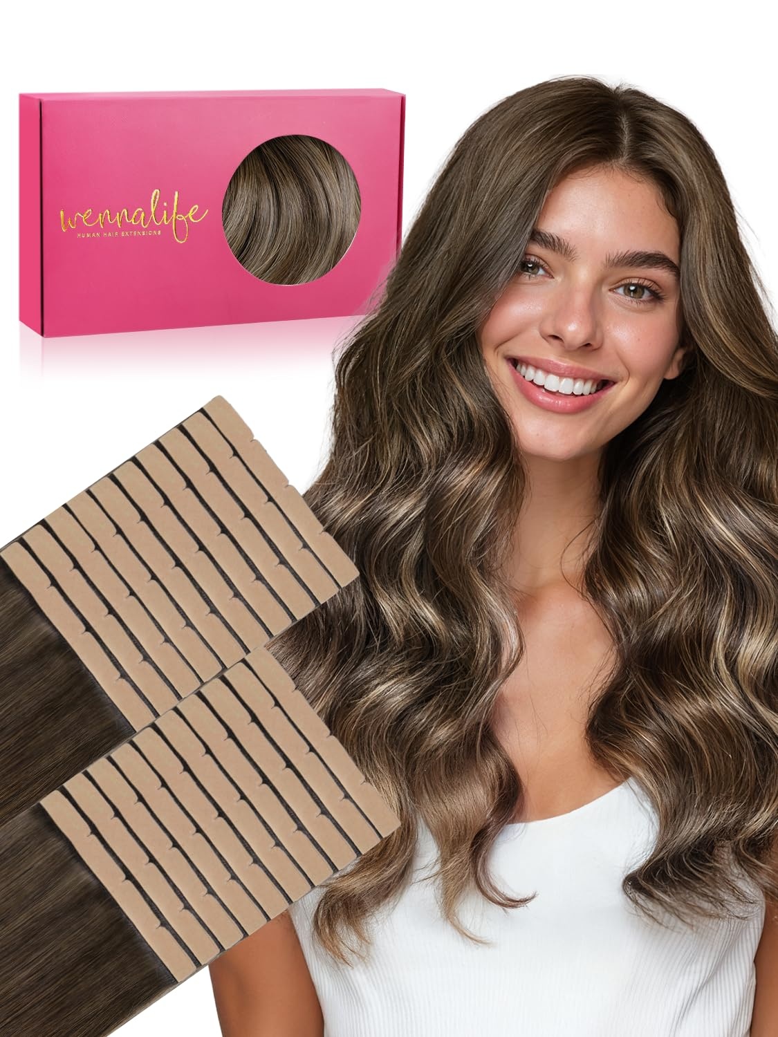 imageWENNALIFE Genius Seamless Tape in Hair Extensions Real Human Hair 18 inch 50g 20pcs Light Ash Brown Tape in Hair Extensions Remy Human Hair Luxury Invisible Straight Hand Tied Inspired Edge Tape ins8cm4264 Balayage Chocolate Brown to Honey Blonde