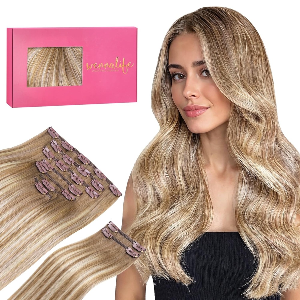 imageWENNALIFE Clip in Hair Extensions Real Human Hair 22 Inch 150g 9pcs Human Hair Extensions Clip In Human Hair Balayage Dirty Blonde with Platinum Ends Hair Extensions
