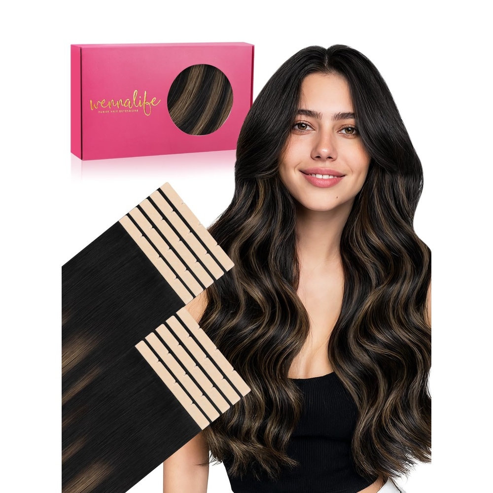 imageWENNALIFE Genius Seamless Tape in Hair Extensions Real Human Hair 18 inch 50g 20pcs Light Ash Brown Tape in Hair Extensions Remy Human Hair Luxury Invisible Straight Hand Tied Inspired Edge Tape ins8cm1B61B Balayage Natural Black to Chestnut Brown
