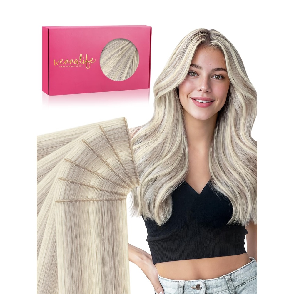imageWENNALIFE Genius Seamless Tape in Hair Extensions Real Human Hair 18 inch 50g 20pcs Light Ash Brown Tape in Hair Extensions Remy Human Hair Luxury Invisible Straight Hand Tied Inspired Edge Tape insG17A60A Ash Blonde Highlighted Platinum Blonde
