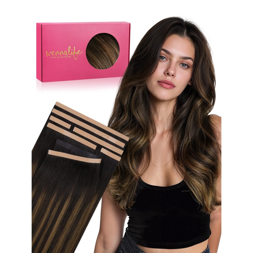 imageWENNALIFE Genius Seamless Tape in Hair Extensions Real Human Hair 18 inch 50g 20pcs Light Ash Brown Tape in Hair Extensions Remy Human Hair Luxury Invisible Straight Hand Tied Inspired Edge Tape insC262 Balayage Dark Brown Mixed Chestnut Brown