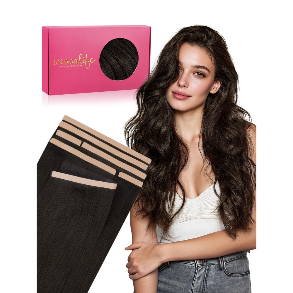 imageWENNALIFE Genius Seamless Tape in Hair Extensions Real Human Hair 18 inch 50g 20pcs Light Ash Brown Tape in Hair Extensions Remy Human Hair Luxury Invisible Straight Hand Tied Inspired Edge Tape insC2 Dark Brown