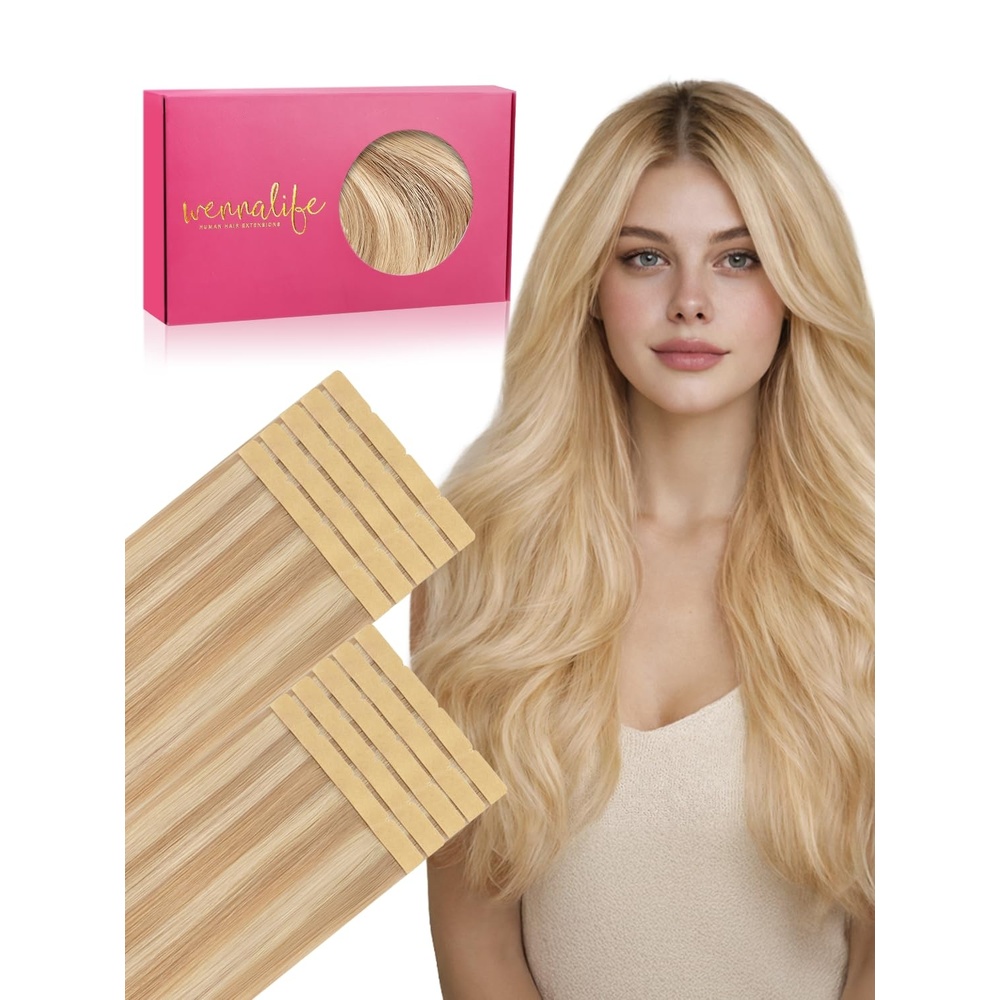 imageWENNALIFE Genius Seamless Tape in Hair Extensions Real Human Hair 18 inch 50g 20pcs Light Ash Brown Tape in Hair Extensions Remy Human Hair Luxury Invisible Straight Hand Tied Inspired Edge Tape ins8cm18A613A Dirty Blonde Highlighted Bleach Blonde