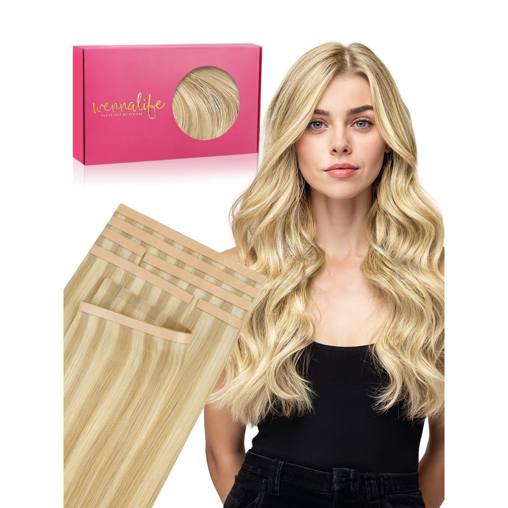 imageWENNALIFE Genius Seamless Tape in Hair Extensions Real Human Hair 18 inch 50g 20pcs Light Ash Brown Tape in Hair Extensions Remy Human Hair Luxury Invisible Straight Hand Tied Inspired Edge Tape insC1622 Light Blonde Highlighted Golden Blonde