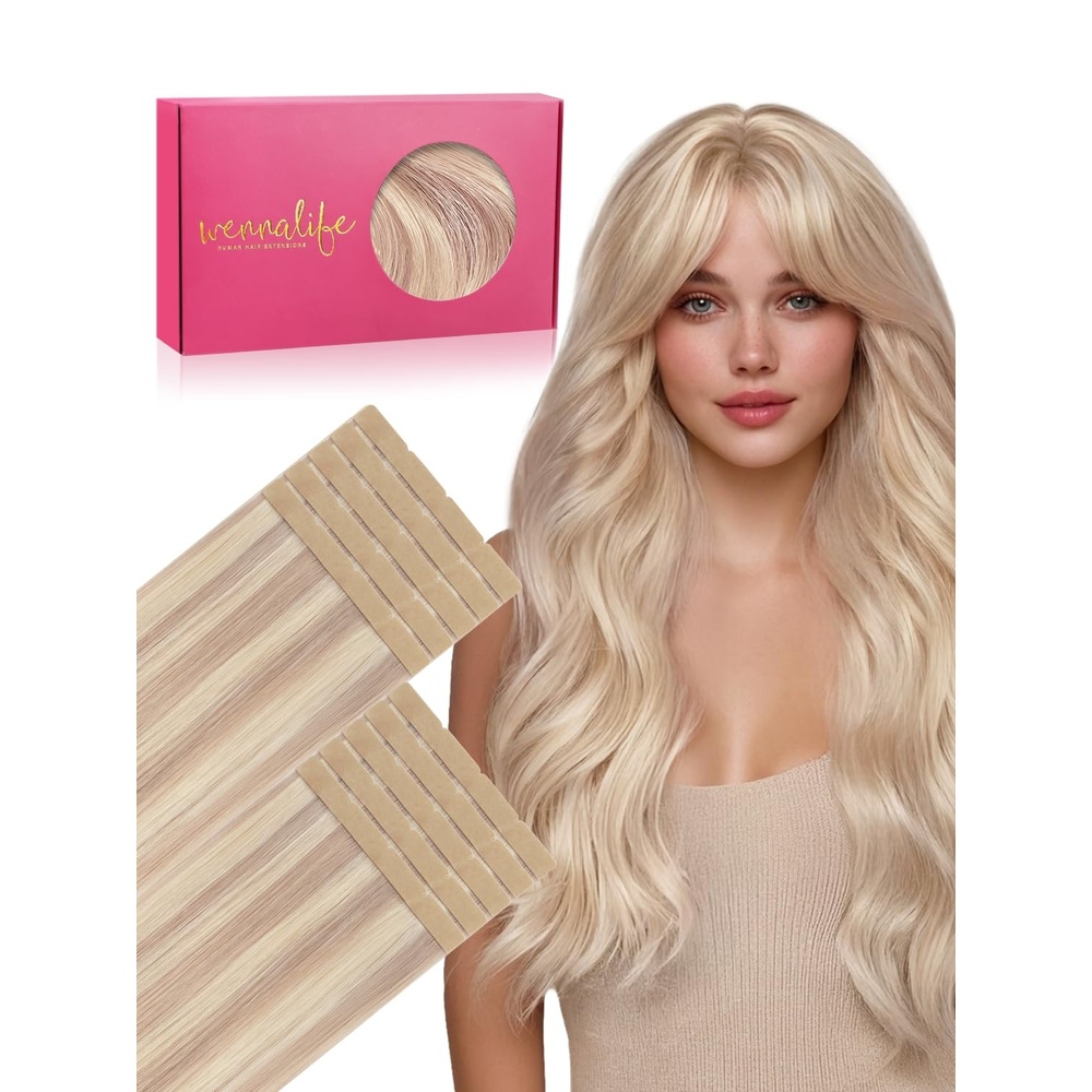imageWENNALIFE Genius Seamless Tape in Hair Extensions Real Human Hair 18 inch 50g 20pcs Light Ash Brown Tape in Hair Extensions Remy Human Hair Luxury Invisible Straight Hand Tied Inspired Edge Tape ins8cm18F60A Balayage Light Wheat Platinum Blonde