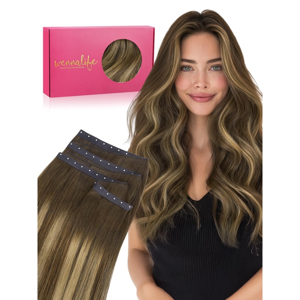 image:imageWENNALIFE 3PCS Butterfly Weft Hair Extensions Human Hair 14 Inch 80g Balayage Dark Brown Mixed Chestnut Brown Genius Sew in Hair Extensions Real Human Hair Add Volume and Length Invisible Extensions4274 Balayage Chocolate Brown to Caramel Blonde