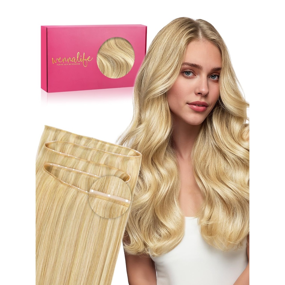 image:imageWENNALIFE 3PCS Butterfly Weft Hair Extensions Human Hair 14 Inch 80g Balayage Dark Brown Mixed Chestnut Brown Genius Sew in Hair Extensions Real Human Hair Add Volume and Length Invisible ExtensionsD1622 Light Blonde Highlighted Golden Blonde