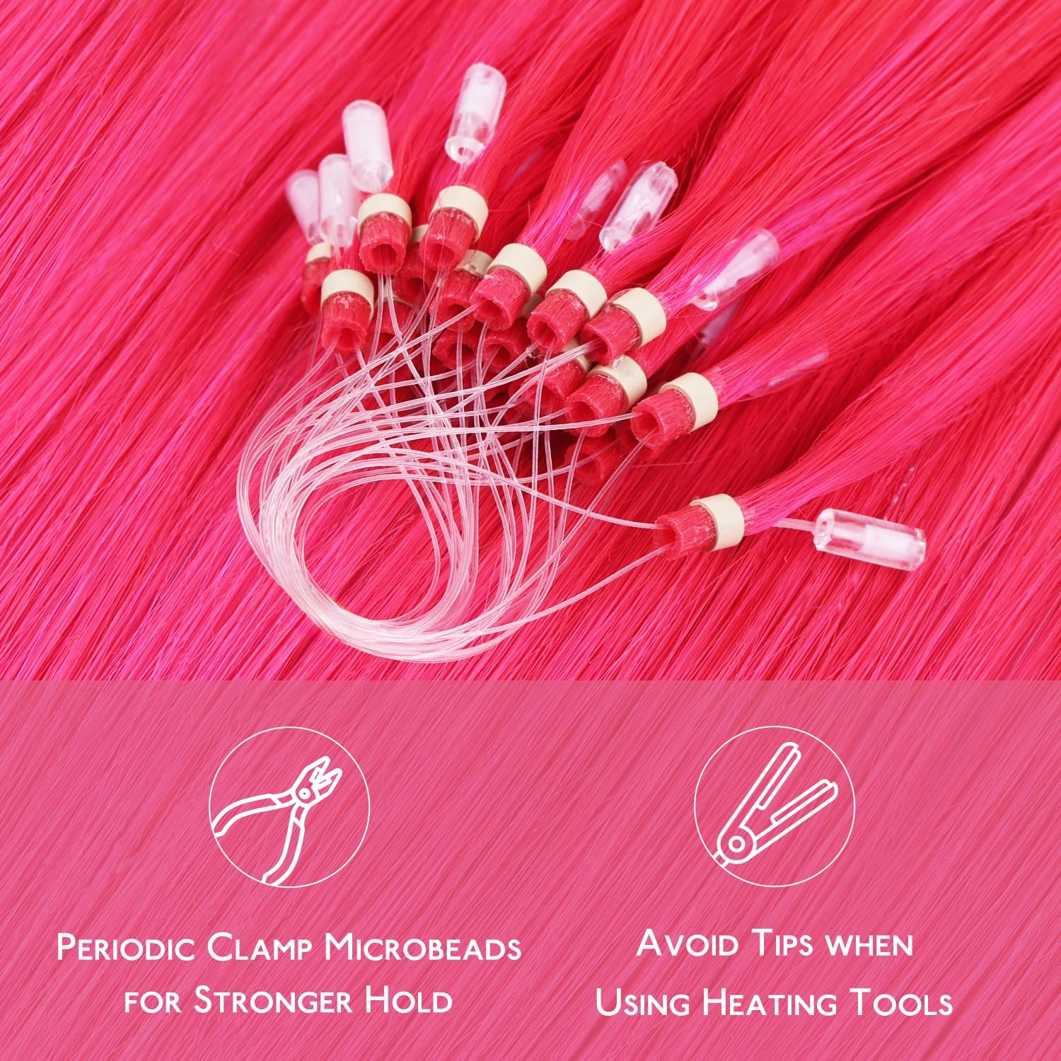 image:imageWENNALIFE Microlink Hair Extensions Human Hair 25g 25s 14 inch Hot Pink Remy Hair Microbead Micro Link Microloop Microring Invisible Straight Natural Fusion Installation