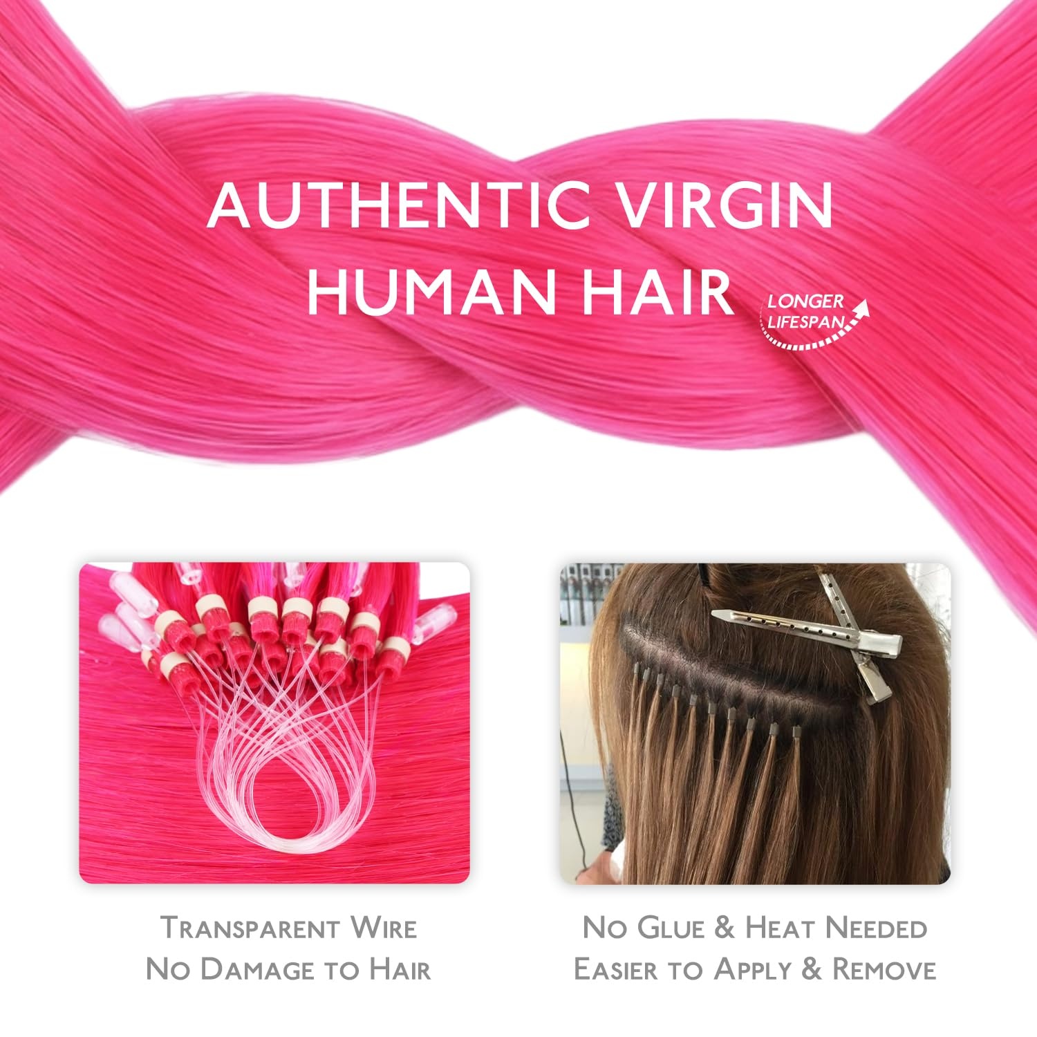 image:imageWENNALIFE Microlink Hair Extensions Human Hair 25g 25s 14 inch Hot Pink Remy Hair Microbead Micro Link Microloop Microring Invisible Straight Natural Fusion Installation
