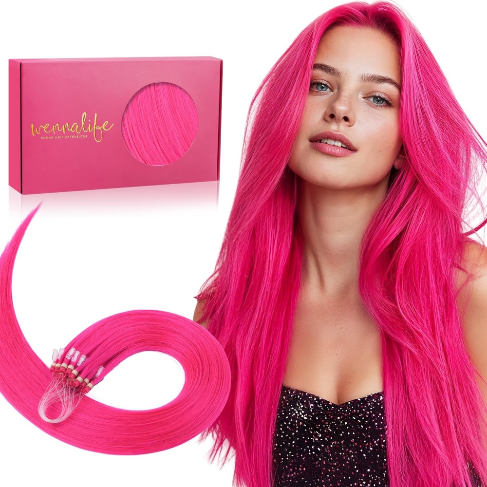 image:imageWENNALIFE Microlink Hair Extensions Human Hair 25g 25s 14 inch Hot Pink Remy Hair Microbead Micro Link Microloop Microring Invisible Straight Natural Fusion Installation