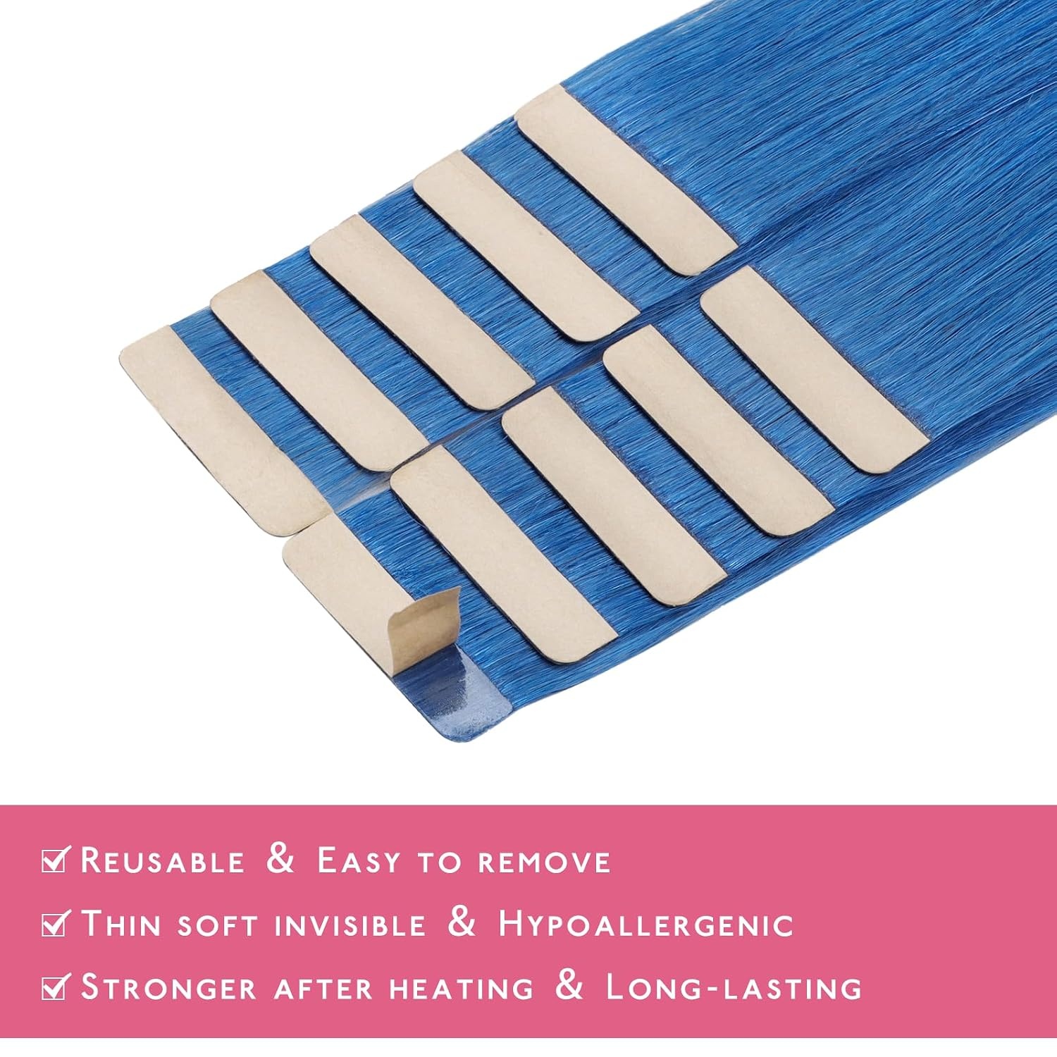 image:imageWENNALIFE Tape in Hair Extensions Human Hair Blue Tape in Extensions 10pcs 25g 14 inch Remy Invisible Tape Ins Straight Colored Soft Real Human Hair Tape in Extensions Refill Set Extensions