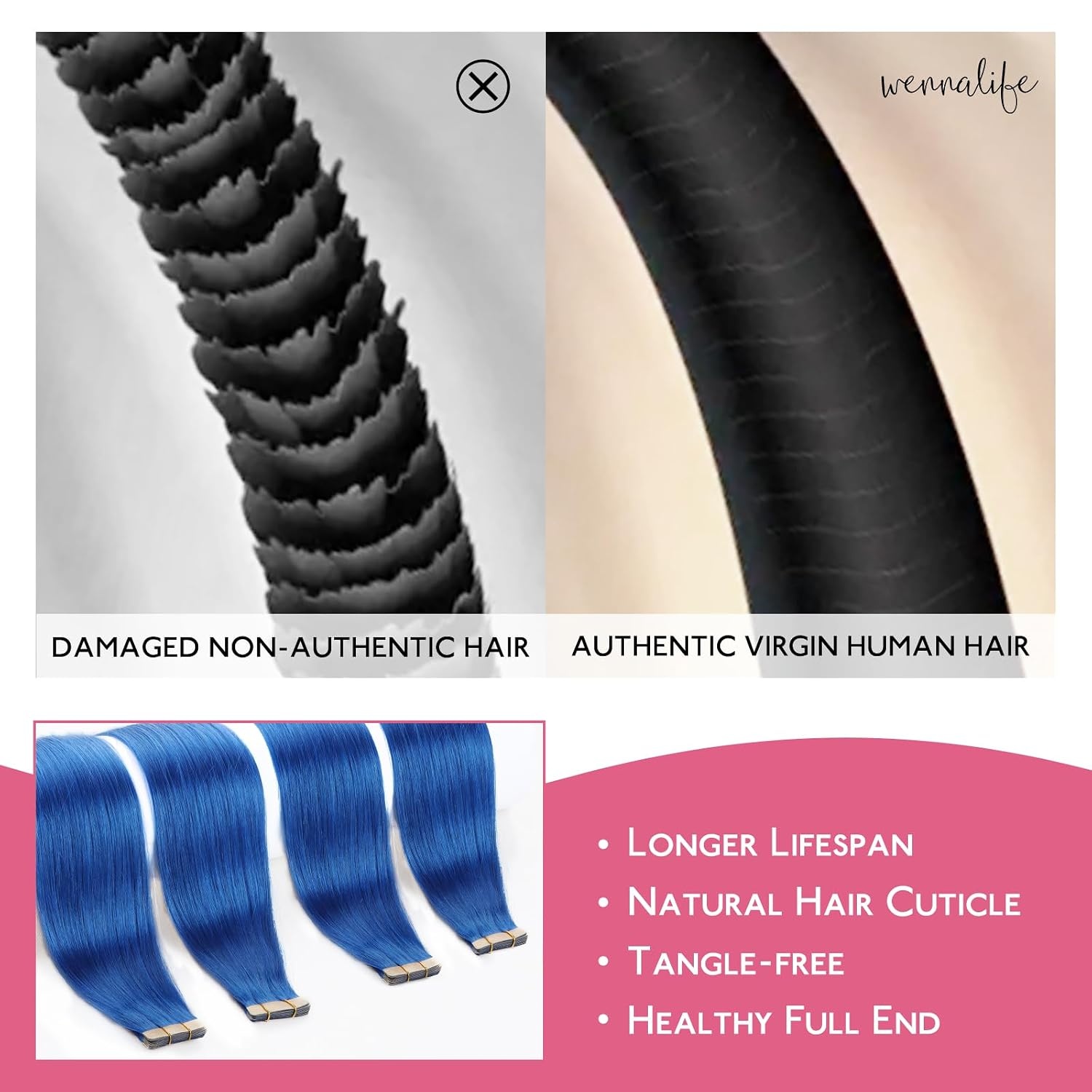 image:imageWENNALIFE Tape in Hair Extensions Human Hair Blue Tape in Extensions 10pcs 25g 14 inch Remy Invisible Tape Ins Straight Colored Soft Real Human Hair Tape in Extensions Refill Set Extensions