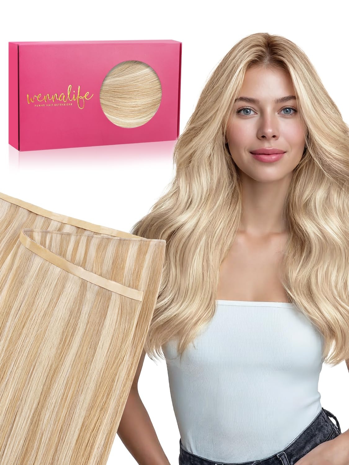image:imageWENNALIFE Genius Weft Tape in Hair Extensions Human Hair 18 Inch 60g Natural Black Tape Ins Luxury Remy Hair Extensions Invisible Fuller Volume Reusable 10 Wide Weft18A613A Dirty Blonde Highlighted Bleach Blonde