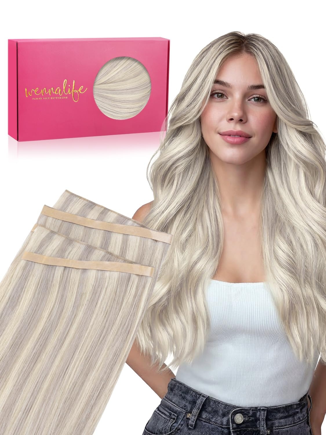 image:imageWENNALIFE Genius Weft Tape in Hair Extensions Human Hair 18 Inch 60g Natural Black Tape Ins Luxury Remy Hair Extensions Invisible Fuller Volume Reusable 10 Wide Weft17A60A Ash Blonde Highlighted Platinum Blonde
