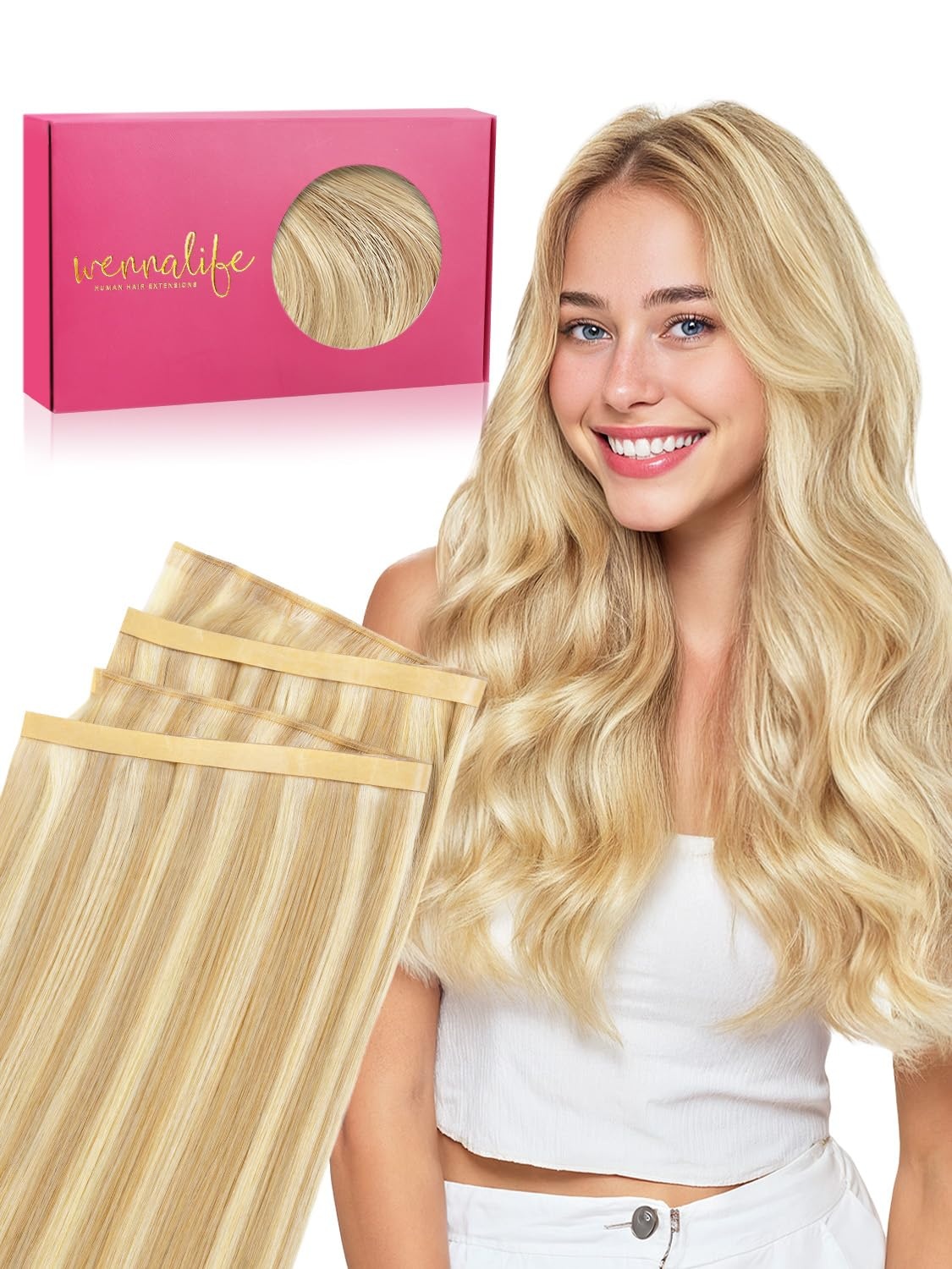 image:imageWENNALIFE Genius Weft Tape in Hair Extensions Human Hair 18 Inch 60g Natural Black Tape Ins Luxury Remy Hair Extensions Invisible Fuller Volume Reusable 10 Wide Weft1622 Light Blonde Highlighted Golden Blonde