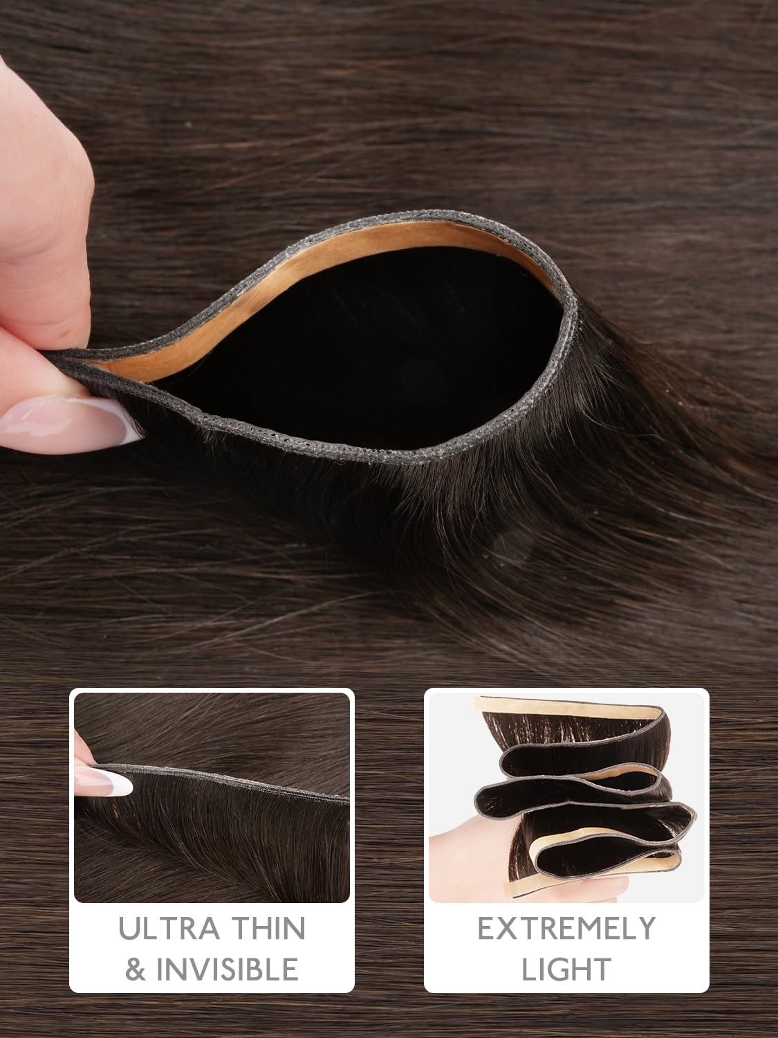 image:imageWENNALIFE Genius Weft Tape in Hair Extensions Human Hair 18 Inch 60g Natural Black Tape Ins Luxury Remy Hair Extensions Invisible Fuller Volume Reusable 10 Wide Weft5 Muted Light Brown Brunette