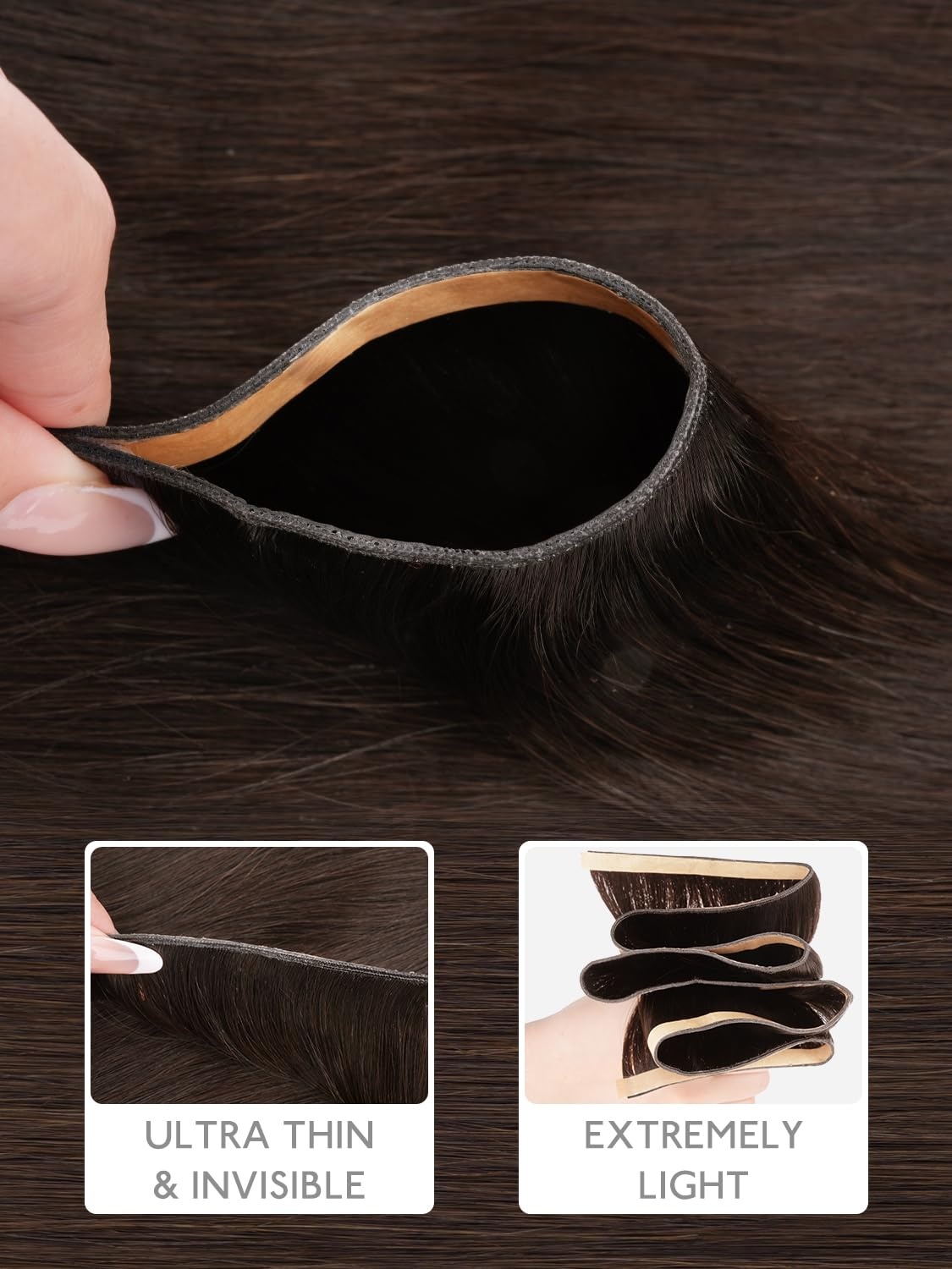 image:imageWENNALIFE Genius Weft Tape in Hair Extensions Human Hair 18 Inch 60g Natural Black Tape Ins Luxury Remy Hair Extensions Invisible Fuller Volume Reusable 10 Wide Weft4 Chocolate Brown
