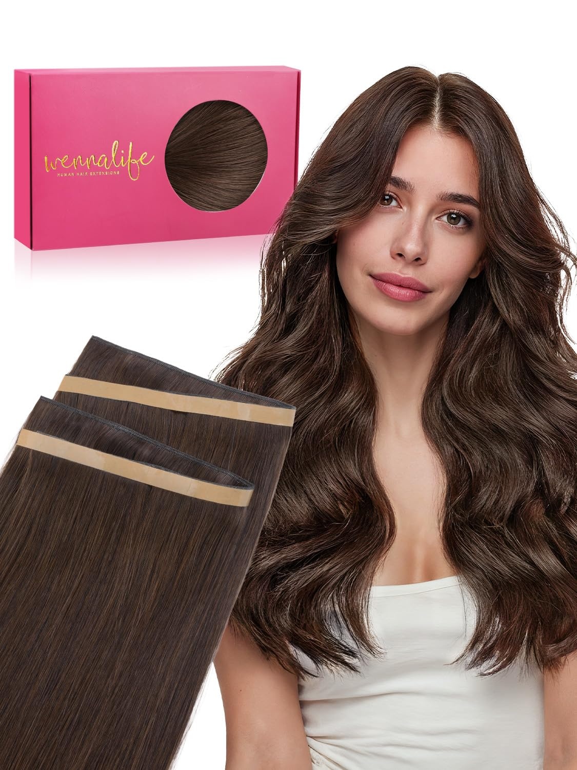 image:imageWENNALIFE Genius Weft Tape in Hair Extensions Human Hair 18 Inch 60g Natural Black Tape Ins Luxury Remy Hair Extensions Invisible Fuller Volume Reusable 10 Wide Weft4 Chocolate Brown
