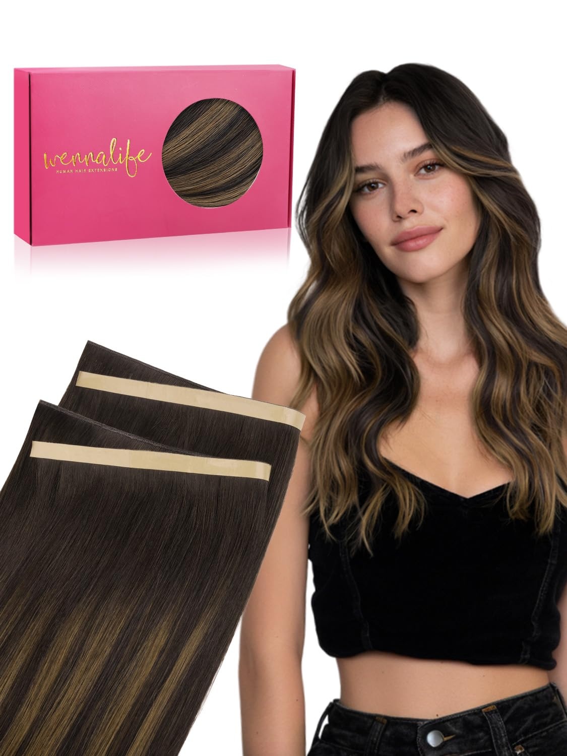 image:imageWENNALIFE Genius Weft Tape in Hair Extensions Human Hair 18 Inch 60g Natural Black Tape Ins Luxury Remy Hair Extensions Invisible Fuller Volume Reusable 10 Wide Weft262 Balayage Dark Brown Mixed Chestnut Brown