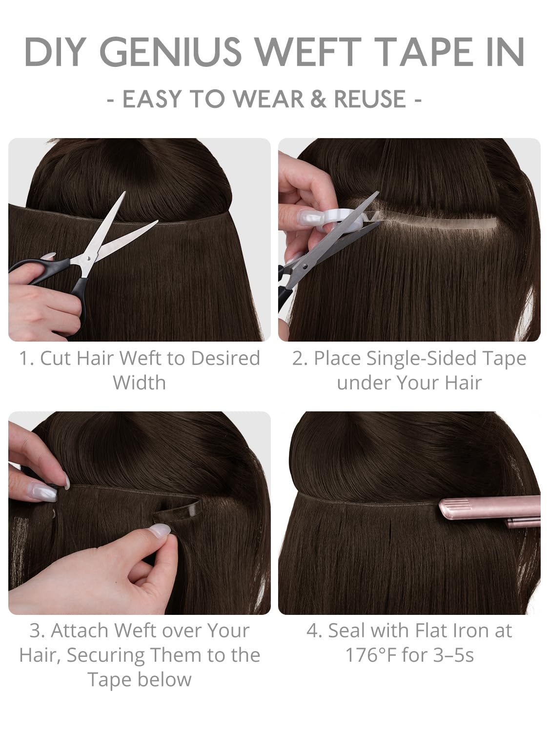image:imageWENNALIFE Genius Weft Tape in Hair Extensions Human Hair 18 Inch 60g Natural Black Tape Ins Luxury Remy Hair Extensions Invisible Fuller Volume Reusable 10 Wide Weft2A Light Dark Brown